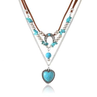 Imagem de Zurlcdye Colares turquesa para mulheres, boêmio, ocidental, em camadas, laço de lua, pingente de coração, colar delicado com contas, presentes de aniversário, Natal, joias e presentes, Zinco, Sem