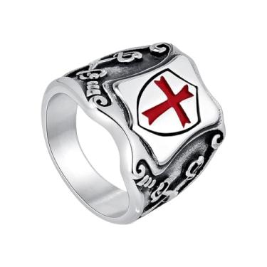 Imagem de Anéis de Cruz Armadura de Deus para Homens: Aço Inoxidável Cavaleiro Templário Escudo Cruz Vermelha Amuleto Sinete Anéis Banda Joia Presentes, Tamanho 7-13, Metal, Sem pedra preciosa