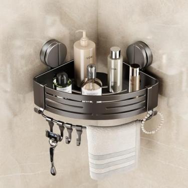 Imagem de VOLPONE Suporte para chuveiro de canto, ventosa de canto, prateleira de chuveiro, sem perfuração, organizador de chuveiro, adesivo com ganchos de barra de toalha (pacote com 1, cinza)