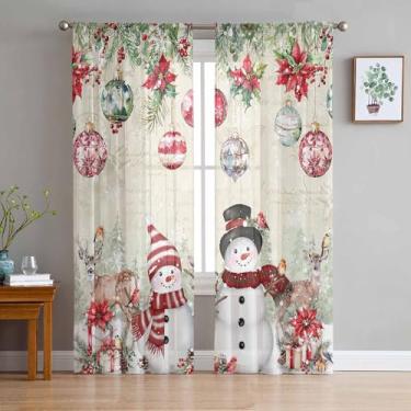 Imagem de Cortinas transparentes de Natal para sala de estar, 2 painéis, boneco de neve, pinheiro, poinsétia, retrô, voile, cortinas para quarto, filtragem de luz e privacidade, tratamento de janela de férias