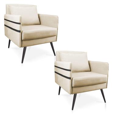 Imagem de Kit 02 Poltronas Mari Suede Bege Pés Palito De Ferro Preto