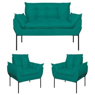 Imagem de Kit 02 Poltronas + Namoradeira Pé Metal Preto Recepção Sala Azul Turquesa