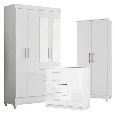 Imagem de Guarda Roupa Com Espelho Infantil Madri Com Cômoda Vênus E Armário Multiuso Jade Branco Brilho - Moval