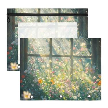 Imagem de SEHANY Pasta de lápis de flores de jardim com 3 anéis – Bolsa para documentos tamanho A4 com janela transparente para sala de aula, escritório, 2 peças