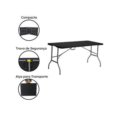 Imagem de Mesa Portátil Dobrável Vira Maleta Com Alça Leve Praia Churrasco Camping 180x70cm Plástico Preto