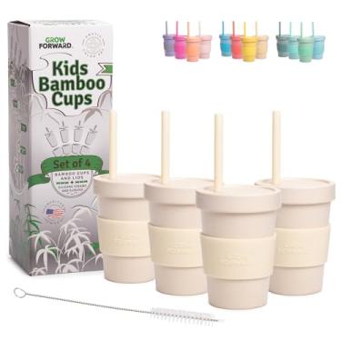 Imagem de Grow Forward Copos infantis de bambu com tampas e canudos - Copos de 290 ml para crianças com tampas torcidas à prova de crianças e canudos de silicone - Ecológico, livre de BPA, não tóxico e pode ser