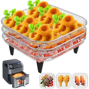Imagem de Prateleiras quadradas para fritadeira a ar de 20 cm, prateleiras empilháveis de 3 camadas, acessórios de fritadeira a ar bacon de aço inoxidável 304 para ninja, forno, cesto de gaveta dupla