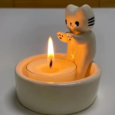Imagem de 1 castiçal de cerâmica para gato, acabamento encáustico, estatueta de gatinho fofo, decoração de mesa para Natal, Halloween, dia dos namorados, casa, escritório, branco