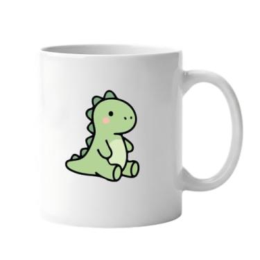 Imagem de Caneca de Cerâmica Branca com Dinossauro Verde, Design Kawaii, Tema Infantil (3, Branca, Pequeno)