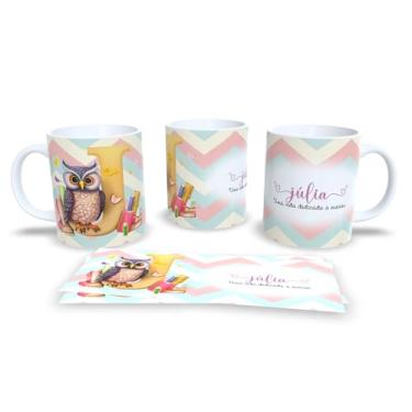 Imagem de Caneca de Cerâmica com Design de Coruja e Livros, 325ml, Decorativa para Professores, com Mensagem Motivacional em Português (J)