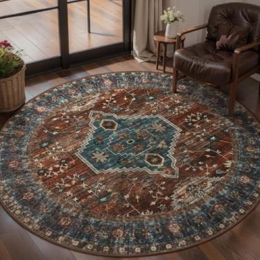 Imagem de Tangsoo Tapete circular oriental, lavável, tapete redondo de 1,2 m, antiderrapante pequeno, boêmio, tapetes circulares de pilha baixa, tapete redondo para sala de estar, quarto, entrada, berçário