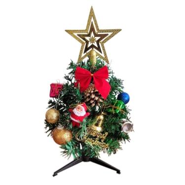 Imagem de Árvore de Natal artificial de 30 cm, mini árvore de Natal de mesa com copa de estrela, ornamentos, bolas, sinos, pinha, decoração faça você mesmo, planta artificial