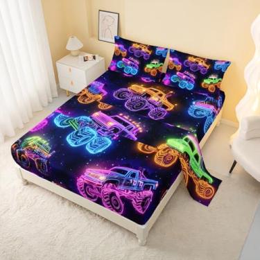 Imagem de AILONEN Jogo de lençol solteiro solteiro com desenho animado de caminhão neon com tema galáxia, 1 lençol de cima, lençol com elástico com 2 fronhas, 4 peças
