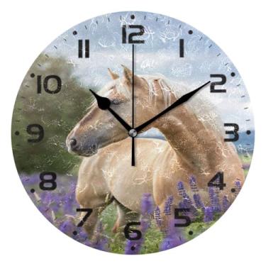 Imagem de JUZIHAI Lindo relógio de parede com cavalo Palomino, silencioso, sem tique-taque, redondo, operado por bateria, fácil de ler, relógio decorativo de parede para casa, cozinha, sala de estar, quarto