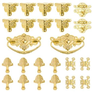 Imagem de MOROBOR Caixa de joias dourada, antigo, fechadura, ferrolho e dobradiças, kit de protetores de canto para bricolage, 2 conjuntos de caixas de armazenamento de caixa de armazenamento de tórax para pés