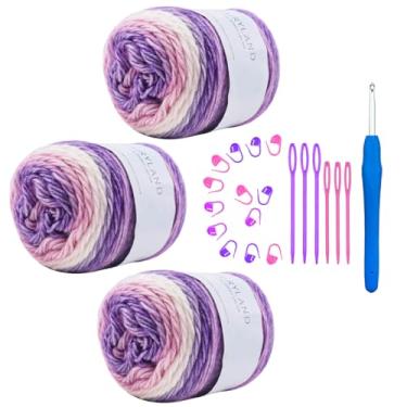Imagem de Hobekoee Fio de bolo para crochê, fio de crochê colorido 3 x 100 g, 60% algodão, 30% acrílico, 10% lã, fio de algodão ombré gradiente macio para suéter de crochê, cobertor, luva