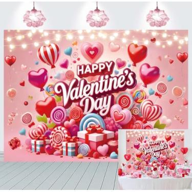 Imagem de Pano de fundo feliz dia dos namorados rosa amor coração balões pirulitos luzes de fada para decoração de festa do dia dos namorados adereços românticos para cabine de fotos suprimentos para eventos 20