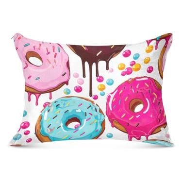 Imagem de Capas de travesseiro coloridas de flanela Donuts e doces decorativas padrão Queen King Capa de almofada de cama macia fofa, tamanho Queen, 50,8 cm x 76,2 cm