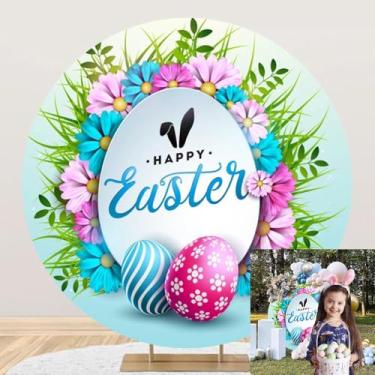 Imagem de OERJU Capa de fundo redonda feliz Páscoa foto pano de fundo colorido ovos flores grama primavera Páscoa fotografia pano de fundo infantil decoração de festa fundo círculo 2 m