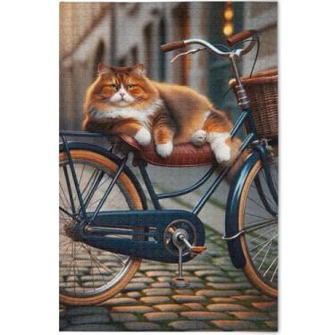 Imagem de Quebra-cabeça personalizado engraçado gato gordo bicicleta adultos 1000 peças arte animal pintura arte quebra-cabeças rígidos presentes para jogo de elefante branco, 75 cm x 50 cm