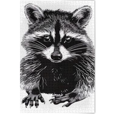 Imagem de Quebra-cabeça personalizado guaxinim preto branco animal para adultos 1000 peças arte animal engraçado pintura paisagem quebra-cabeça família elefantes brancos presentes, 75 cm x 50 cm