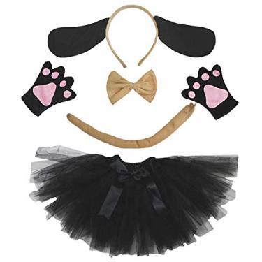 Imagem de Petitebella Tiara de cachorro de orelha longa com laço borboleta e luvas tutu 5 peças fantasia menina 1-8 anos (5-8 anos, cáqui - preto)