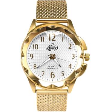 Imagem de Relógio Feminino Analógico Dourado Silicone Ajustável à Prova d’Água + Kit Colar Pérola e Brincos