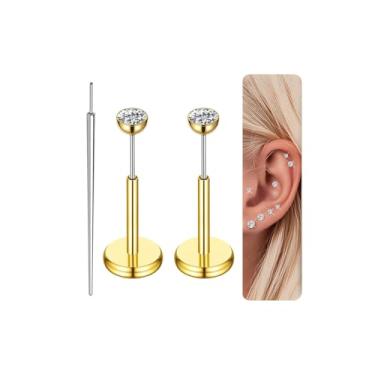 Imagem de Gotumo 20G Brincos de titânio com costas planas, piercing de nariz sem fio, cartilagem, lábio, medusa, piercing corporal, hipoalergênico, para mulheres e homens, 16G Bar Lengths 5mm & CZ 4mm, Titânio