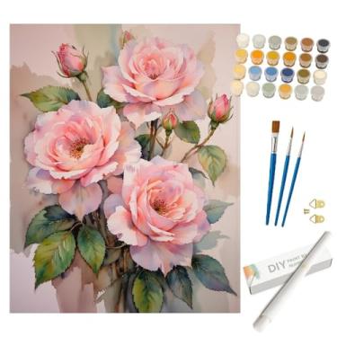 Imagem de Kit de pintura de rosas suaves por números para adultos - Pintura de flores DIY em tela enrolada 40,6 x 50,8 cm, conjunto de tinta acrílica, adequado para iniciantes, ótimo para decoração de casa ou
