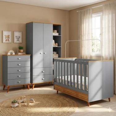 Imagem de Conjunto Infantil Bartira Ternura: Guarda-Roupa, Cômoda, Berço 2 em 1 e Colchão Herval D18