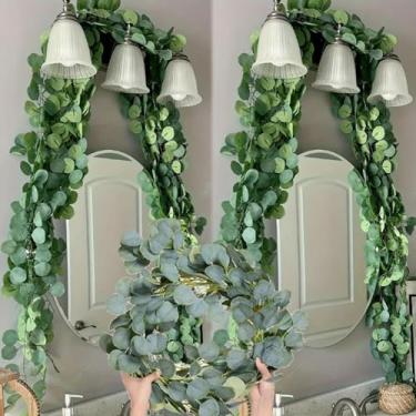 Imagem de 1/2 peças de plantas artificiais guirlanda de eucalipto verde pendurado videira folhas falsas decoração de festa arco de casamento, parede, 2 m (2 peças)