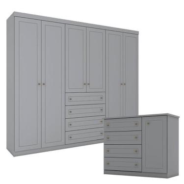 Imagem de Cômoda E Guarda Roupa Casal 6 Portas Americano Cinza – Henn