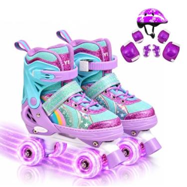 Imagem de Patins Infantil 4 Rodas, Patins Quad, Patins Infantil Menina, Ajustável em 4 Tamanhos, com Bolsa e Kit Proteção (Quad Roxo + Kit Proteção, M (32 ao 35))