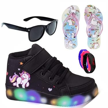 Imagem de Botinha De Led Led Feminino Unicornio Meninas Estilo Calce Facil + Chinelo + Brindes Cor:Preto; Tamanho:31