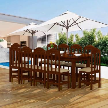 Imagem de Mesa De Jantar 220cm Madeira Maciça 10 Lugares Estofados Castanho