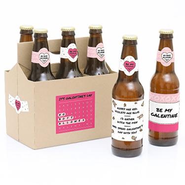 Imagem de Big Dot of Happiness Be My Galentine – Decorações de Dia dos Namorados para mulheres e homens – 6 adesivos de etiqueta de garrafa de cerveja e 1 transportador