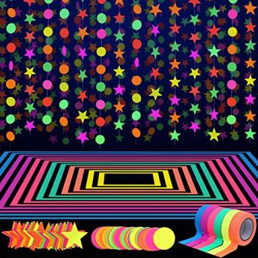 Imagem de Conjunto de artigos de festa neon de 38,7 m, 6 cores, fita reativa a luz negra UV de 30 m, guirlandas de papel neon de 8,8 m com pontos circulares de estrelas para decoracoes de aniversario, casamento, festa brilhante