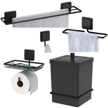 Imagem de Kit Lixeira 6,5L Quadrada Com Suporte Toalheiro Duplo Porta Papel Higiênico Gancho Adesivo Preto Fosco - Future
