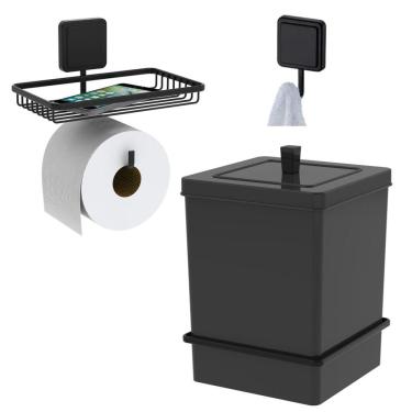 Imagem de Kit Lixeira 6,5L Quadrada Com Suporte Porta Papel Higiênico Gancho Multiuso Adesivo Preto Fosco - Future 
