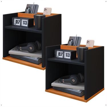 Imagem de Kit 2 Mesinhas Decorativas Quarto Mesa de Cabeceira Madri Suspensa Divisória Organizadora Nicho - Preto/Cinamomo - RPM Móveis