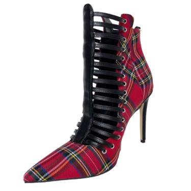Imagem de Frankie Hsu Bota xadrez com cadarço salto alto stiletto moda retrô escocês treliça vermelha preta tamanho grande bota curta tornozelo para mulheres homens, Vermelho, 9.5