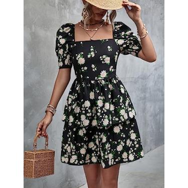 Imagem de Camisa Feminina Floral Print Square Neck Puff Sleeve Dress (Color : Multicolor, Size : X-Small)