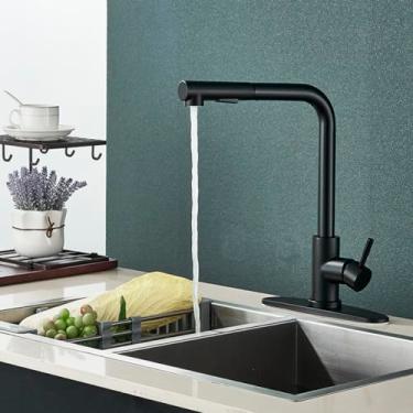 Imagem de Puxe para fora torneira da pia da cozinha 2 função bico torneiras rotação deck montar aço inoxidável misturador de água quente fria lavagem, preto com placa, 1