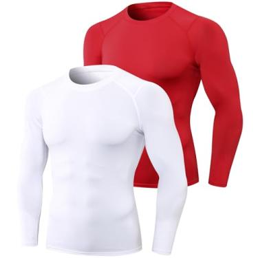 Imagem de SPVISE Pacote com 2 ou 4 camisetas masculinas de compressão de manga comprida para treino atlético, academia, roupa íntima esportiva seca e fresca, Pacote com 2: branco + vermelho nº 15, G