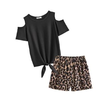 Imagem de Arshiner Conjuntos curtos para meninas, 2 peças, camisetas de manga curta com nó e shorts casuais com bolsos, conjuntos de roupas fofas, Estampa de leopardo preto, 10-11 Anos