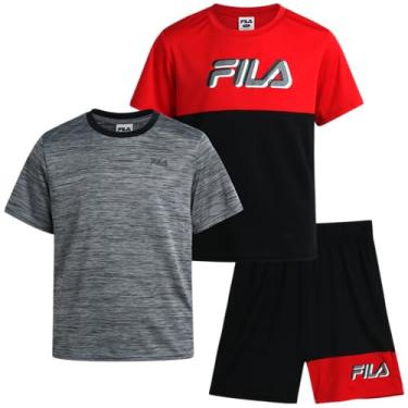 Imagem de Fila Conjunto de shorts para meninos - camiseta ativa de 3 peças e fotos de malha de desempenho - Conjunto de roupa de verão para meninos (4-12), Vermelho/preto/cinza, 5-6