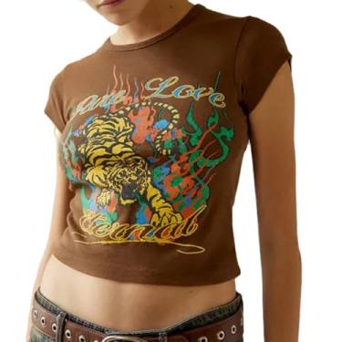 Imagem de Camisetas de bebê femininas Y2k com estampa gráfica de manga curta colado ao corpo linda camiseta de bebê streetwear, Tigre marrom escuro, M