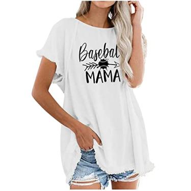 Imagem de Duobla Camiseta feminina com estampa de beisebol com letras plus size de beisebol tamanho grande de verão camiseta casual de manga curta, A-3 - Branco, P