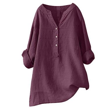 Imagem de Howstar Blusa feminina de linho de verão 2024 plus size com botões e gola V, blusa casual e manga curta, Vermelho, M