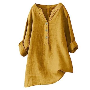 Imagem de Howstar Blusas de linho femininas 2024 verão plus size túnica com botão decote em V blusa casual elegante camisa de manga curta, Amarelo, XXG